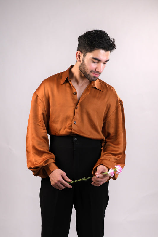 The Bridgerton-Inspired Men's Shirt | Vegan Silk | Rust Brown