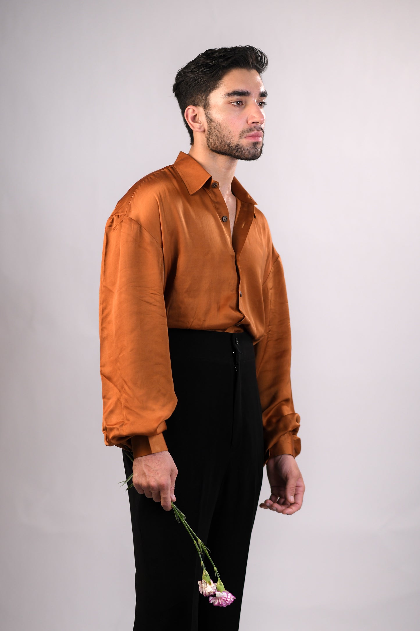 The Bridgerton-Inspired Men's Shirt | Vegan Silk | Rust Brown