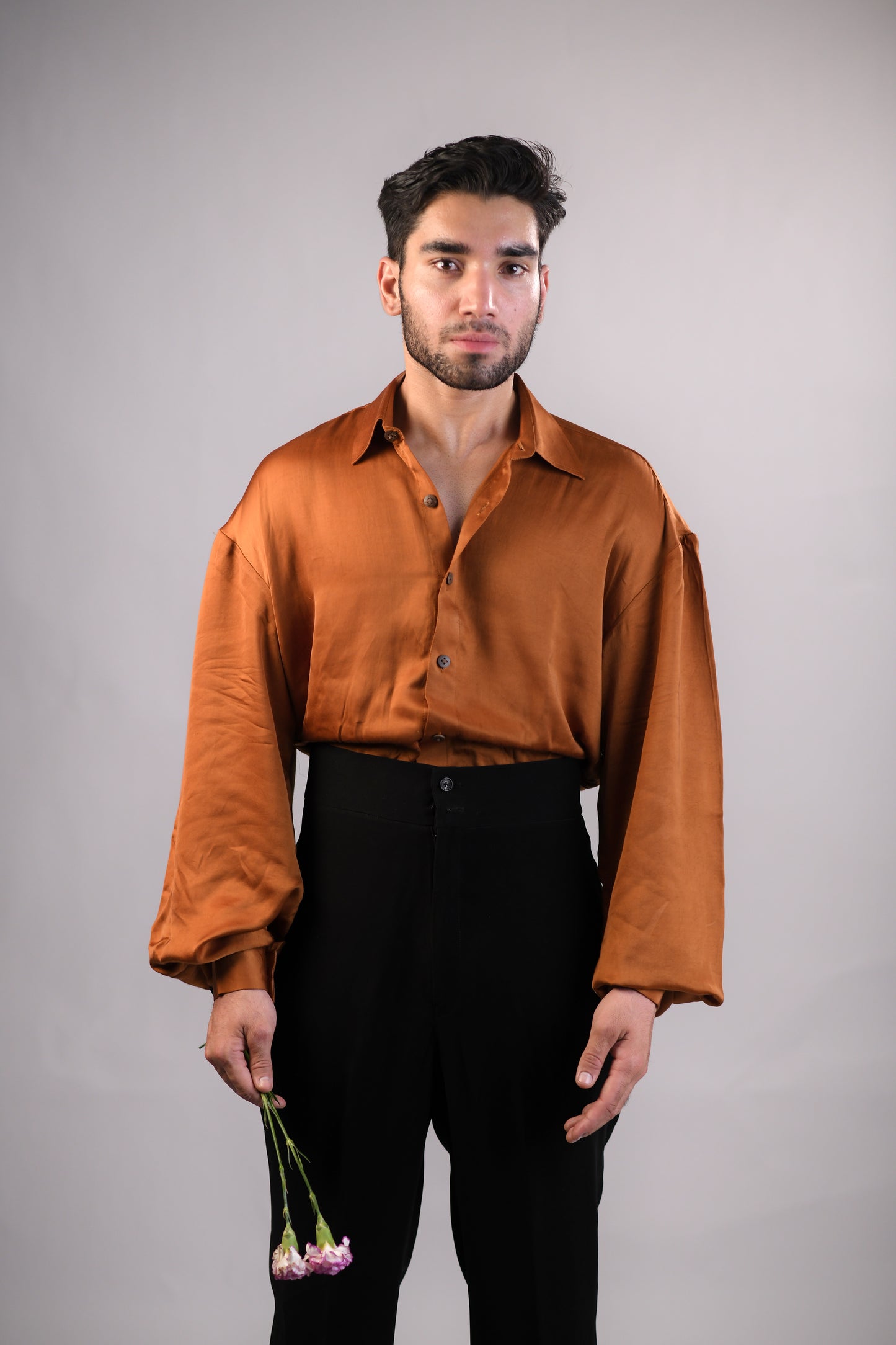 The Bridgerton-Inspired Men's Shirt | Vegan Silk | Rust Brown